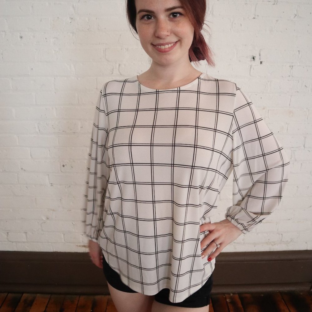 Adrianna Papell White and Black Plaid Blouse